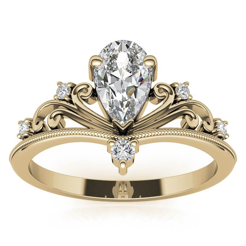 Crown Inspired Chevon Shaped Pear Moissanite Engagement Ring