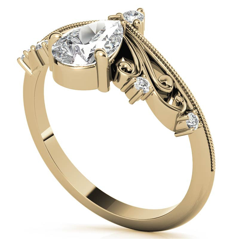 Crown Inspired Chevon Shaped Pear Moissanite Engagement Ring