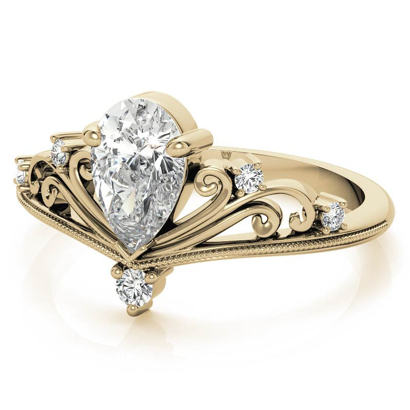 Crown Inspired Chevon Shaped Pear Moissanite Engagement Ring