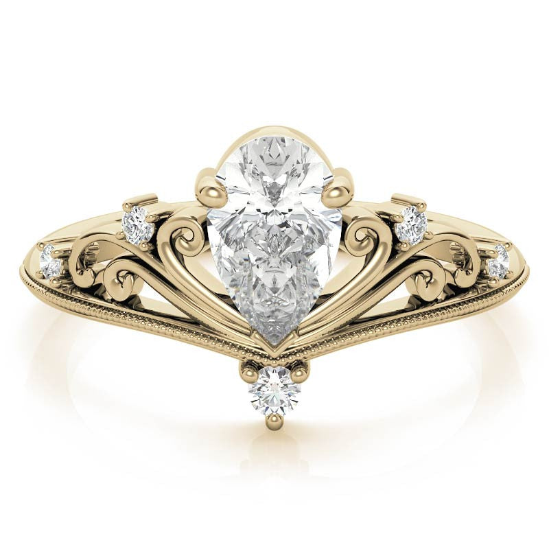 Crown Inspired Chevon Shaped Pear Moissanite Engagement Ring