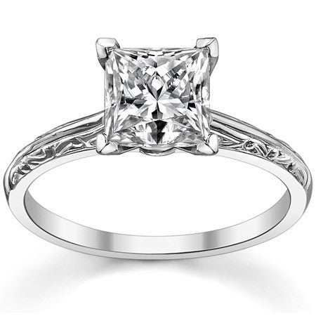 Antique Etched Moissanite Solitaire Ring