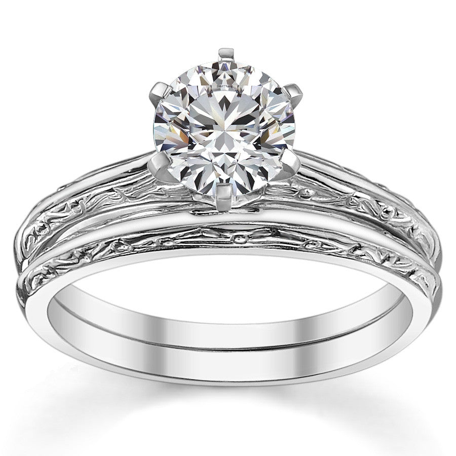 Antique Etched Moissanite Solitaire Ring