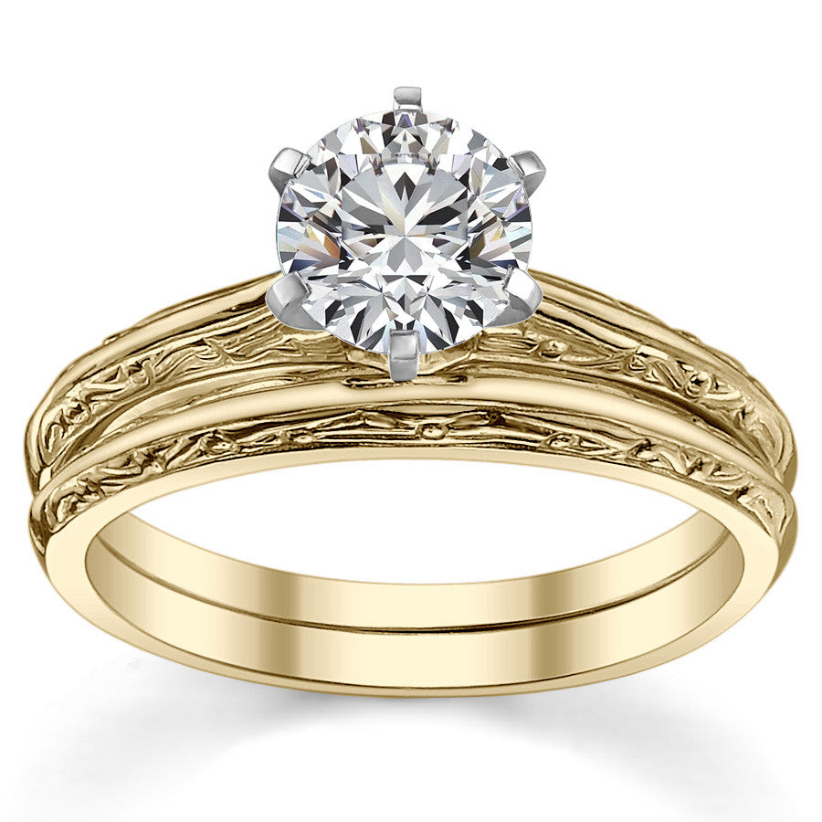 Antique Etched Moissanite Solitaire Ring