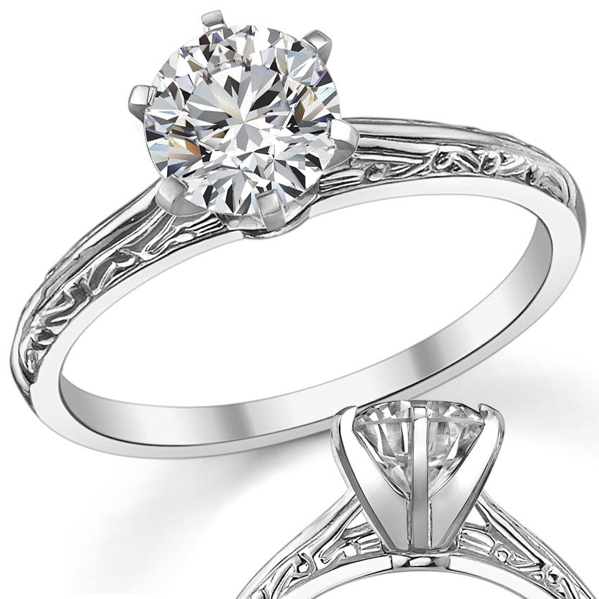 Antique Etched Moissanite Solitaire Ring