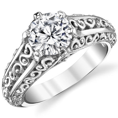 Antique Scroll Round Brilliant Moissanite Solitaire Ring