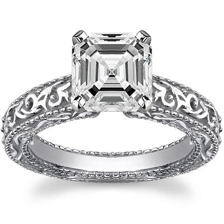 Antique Etched Moissanite Solitaire Ring