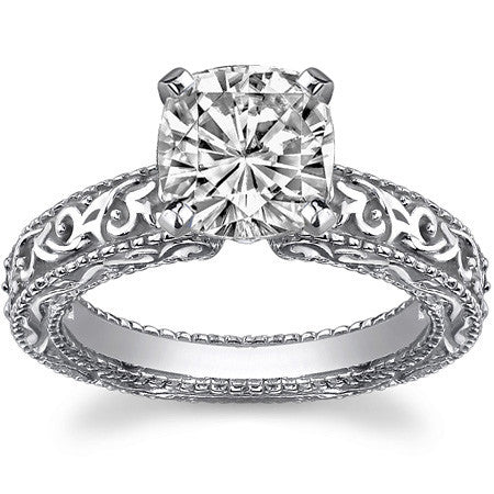 Antique Etched Moissanite Solitaire Ring