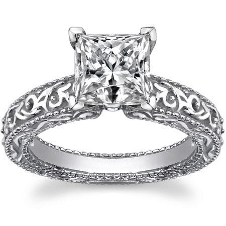 Antique Etched Moissanite Solitaire Ring