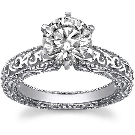 Antique Etched Moissanite Solitaire Ring