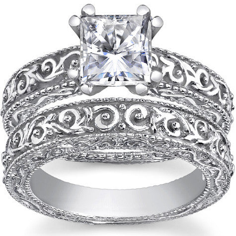 Antique Etched Moissanite Solitaire Ring