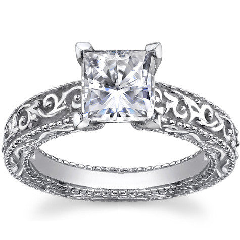 Antique Etched Moissanite Solitaire Ring