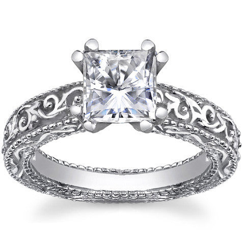 Antique Etched Moissanite Solitaire Ring