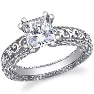 Antique Etched Moissanite Solitaire Ring