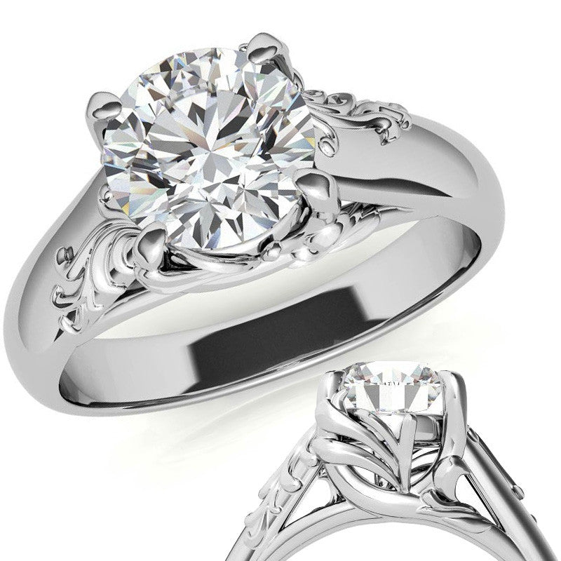 Round Brilliant Moissanite Antique Floral Style Solitaire Ring