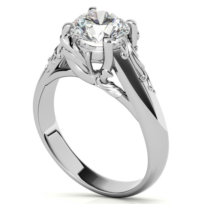 Round Brilliant Moissanite Antique Floral Style Solitaire Ring