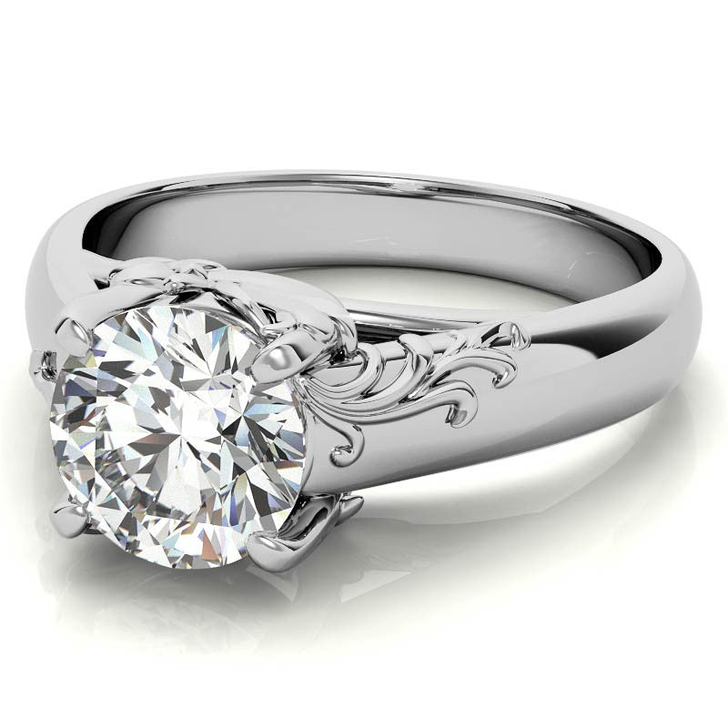 Round Brilliant Moissanite Antique Floral Style Solitaire Ring