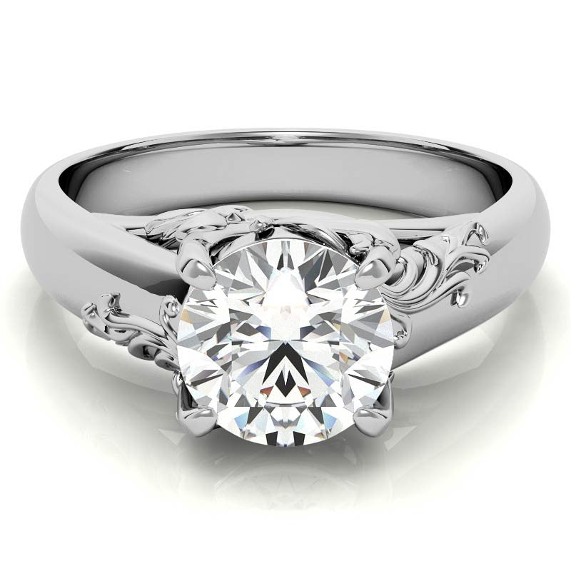 Round Brilliant Moissanite Antique Floral Style Solitaire Ring