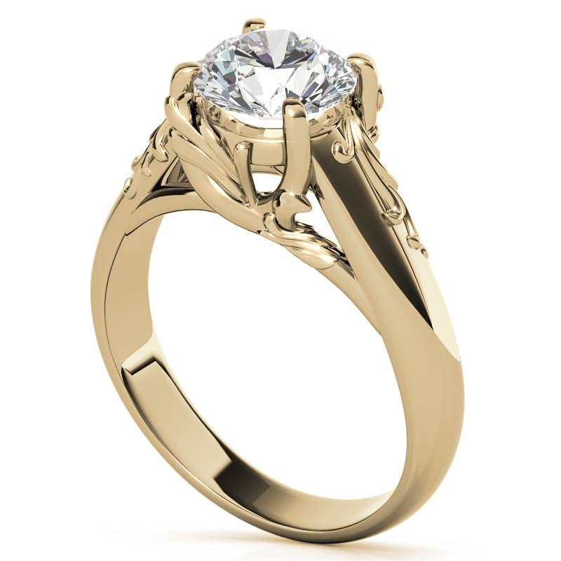 Round Brilliant Moissanite Antique Floral Style Solitaire Ring