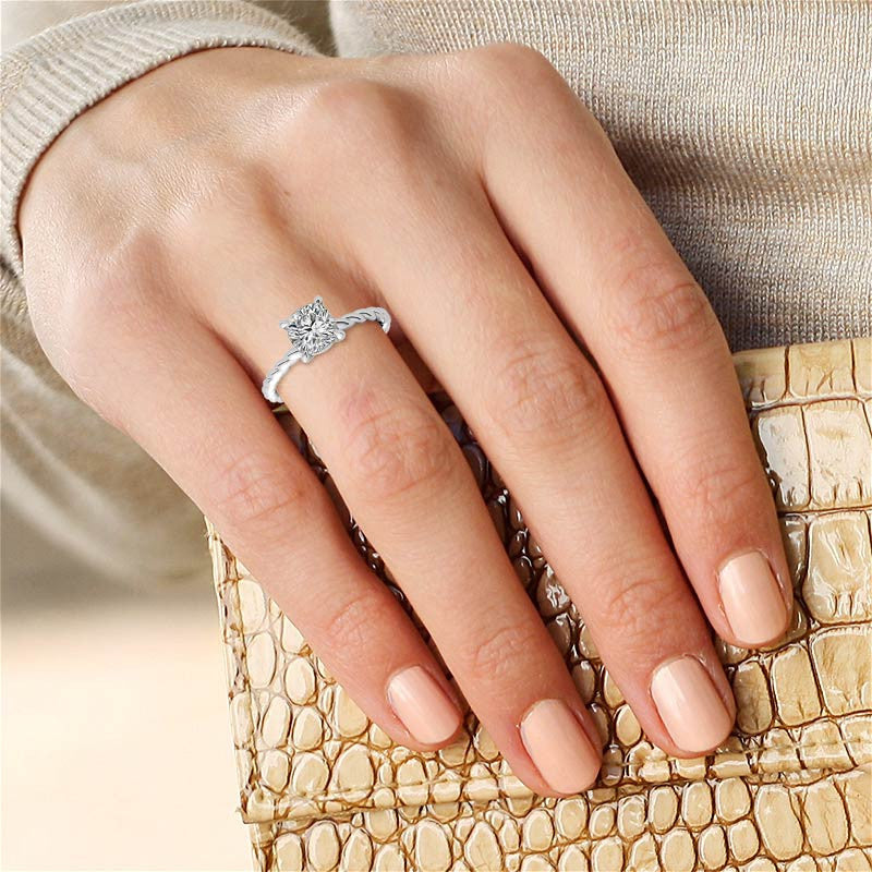 Cushion Moissanite Woven Band Solitaire Ring