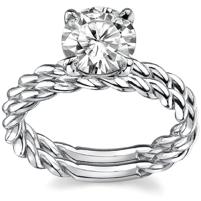 Round Woven Band Solitaire Ring with Matching Band
