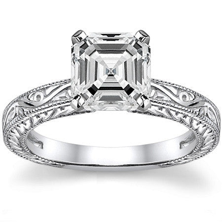 Moissanite Antique Style Engraved Solitaire Ring