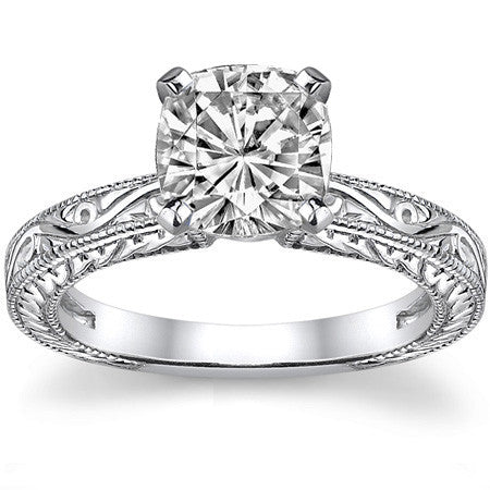 Moissanite Antique Style Engraved Solitaire Ring