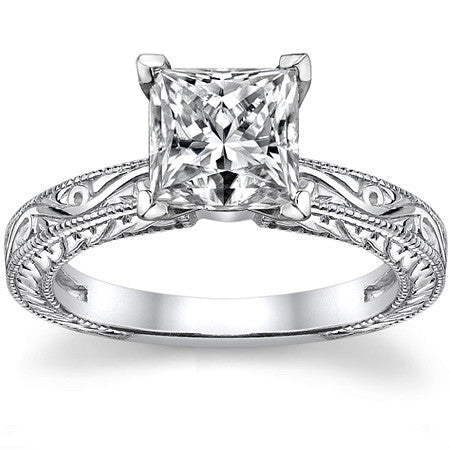 Moissanite Antique Style Engraved Solitaire Ring