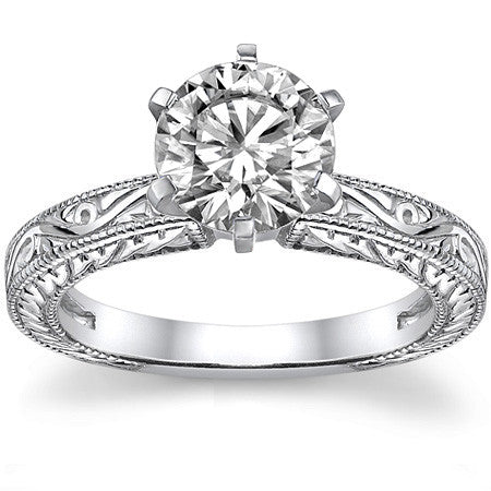 Moissanite Antique Style Engraved Solitaire Ring