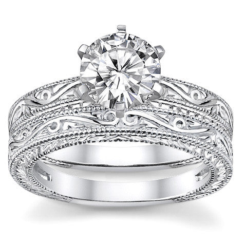 Moissanite Antique Style Engraved Solitaire Ring