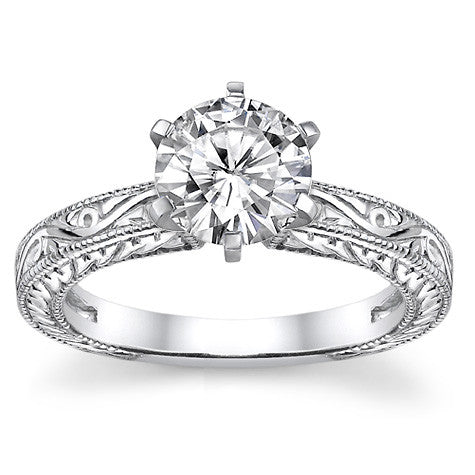Moissanite Antique Style Engraved Solitaire Ring