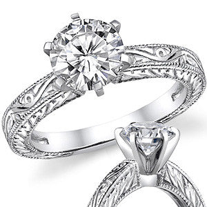 Moissanite Antique Style Engraved Solitaire Ring