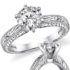 Moissanite Antique Style Engraved Solitaire Ring