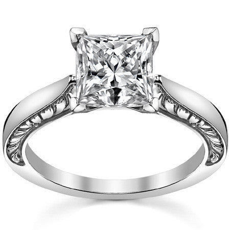 Moissanite Engraved Cathedral Solitaire Ring