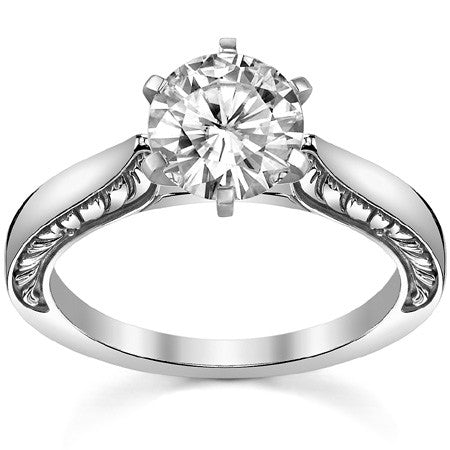 Moissanite Engraved Cathedral Solitaire Ring