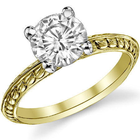 Round Knife Edge Floral Leaf Solitaire Ring