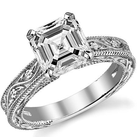 Moissanite Engraved Floral Design Solitaire Ring