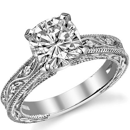 Moissanite Engraved Floral Design Solitaire Ring
