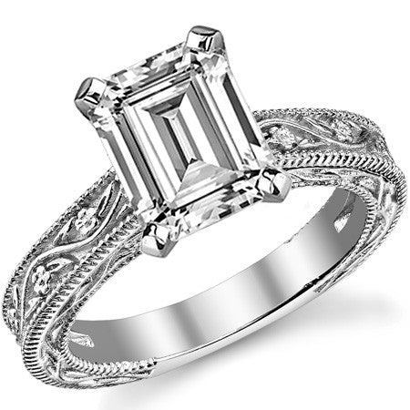 Moissanite Engraved Floral Design Solitaire Ring