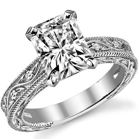Moissanite Engraved Floral Design Solitaire Ring