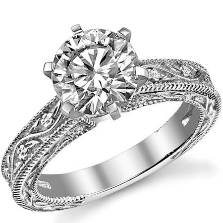 Moissanite Engraved Floral Design Solitaire Ring
