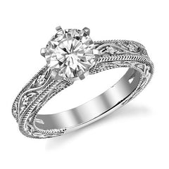 Moissanite Engraved Floral Design Solitaire Ring