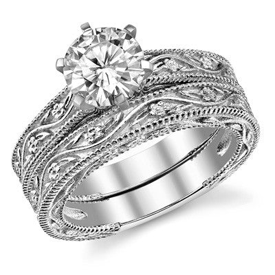 Moissanite Engraved Floral Design Solitaire Ring