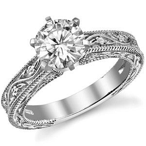 Moissanite Engraved Floral Design Solitaire Ring