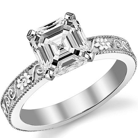 Moissanite Engraved Floral Design Solitaire Ring