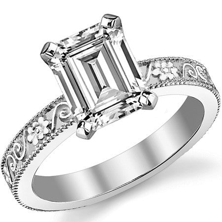 Moissanite Engraved Floral Design Solitaire Ring