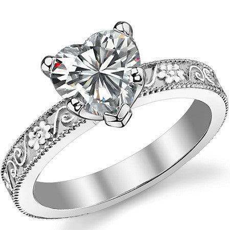 Moissanite Engraved Floral Design Solitaire Ring