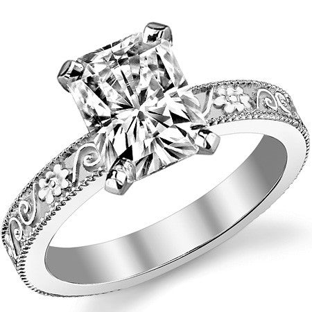 Moissanite Engraved Floral Design Solitaire Ring