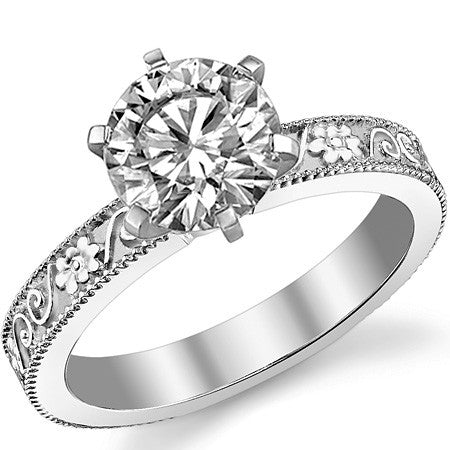 Moissanite Engraved Floral Design Solitaire Ring