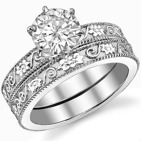 Moissanite Engraved Floral Design Solitaire Ring
