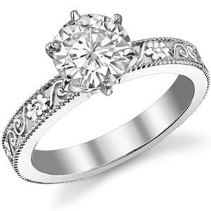 Moissanite Engraved Floral Design Solitaire Ring
